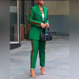 Green Women's Suit with Red Stripes
